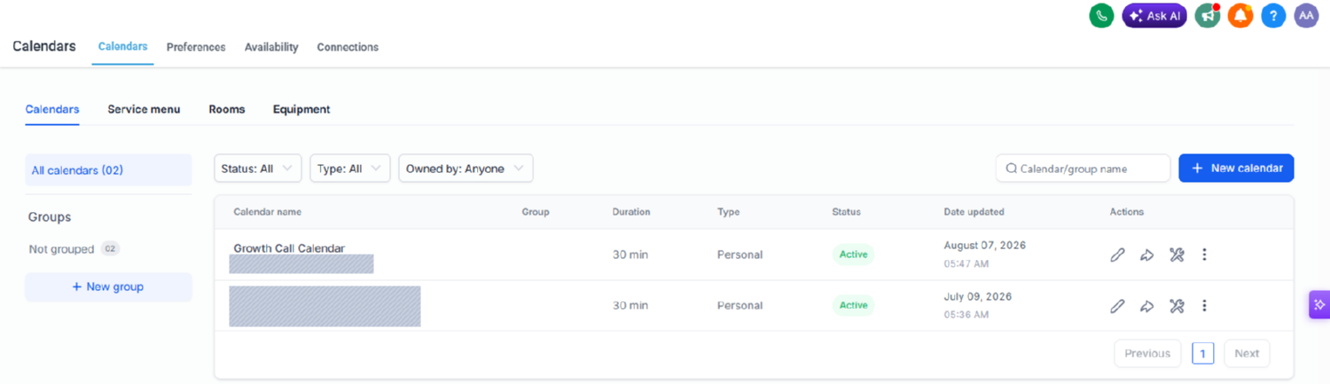 Settings · two active 30 minute calendars. Staff name and calendar IDs redacted.
