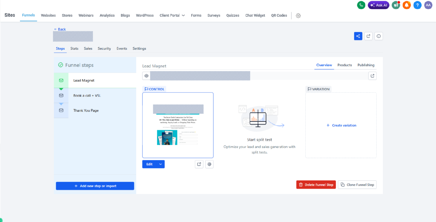 Funnel builder · three published steps on the client’s own sub domain.