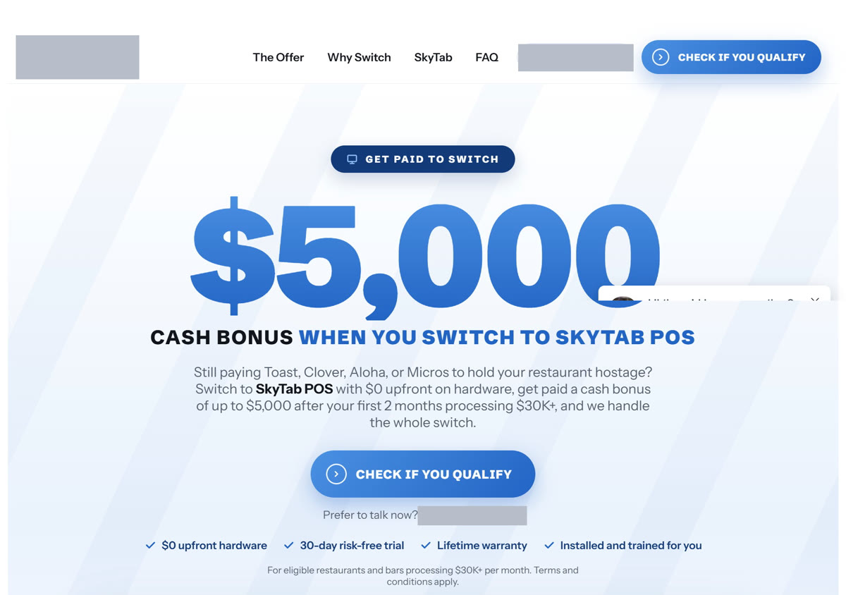 Live offer page above the fold. Client brand, logo and phone numbers redacted.