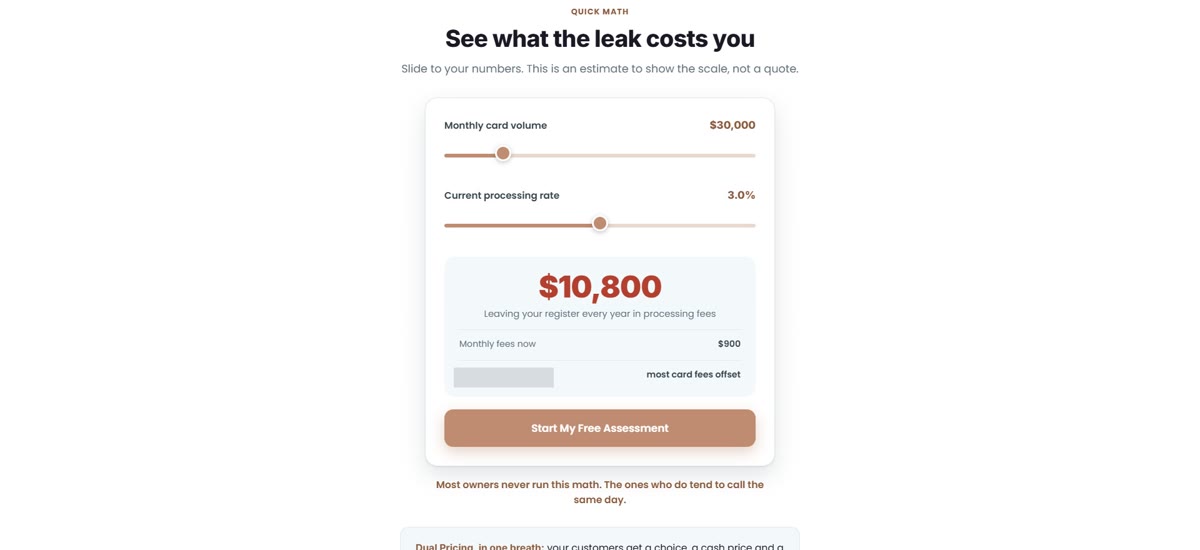 Interactive savings calculator on the same page. Brand name redacted.