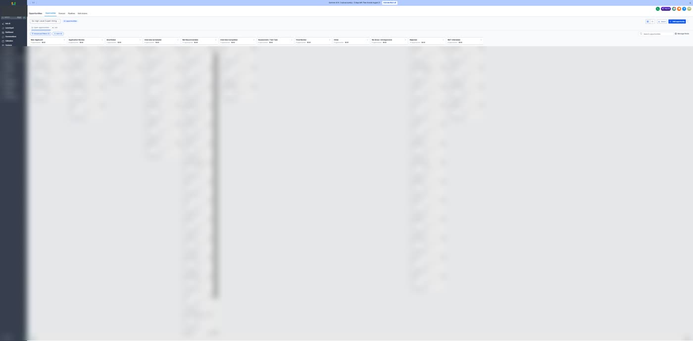 Hiring pipeline, kanban view. Every applicant card is blurred: these are real people, not client data.