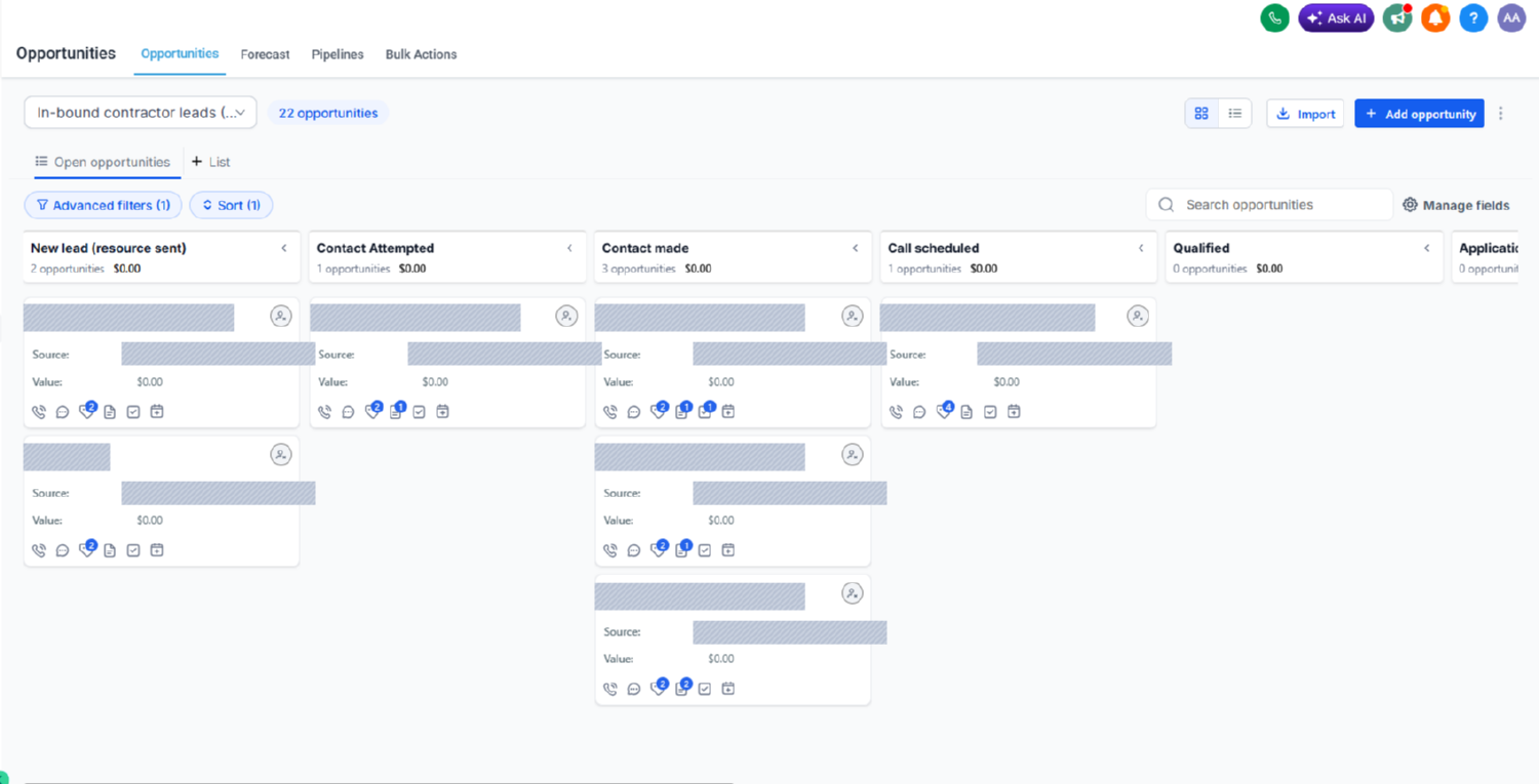 Opportunities · inbound pipeline, kanban view. Lead names and client source labels redacted.
