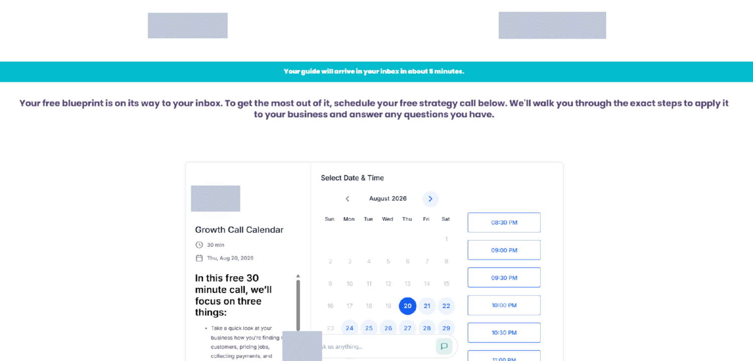 Step 03 · thank you page with the booking calendar embedded inline. Branding and phone redacted.